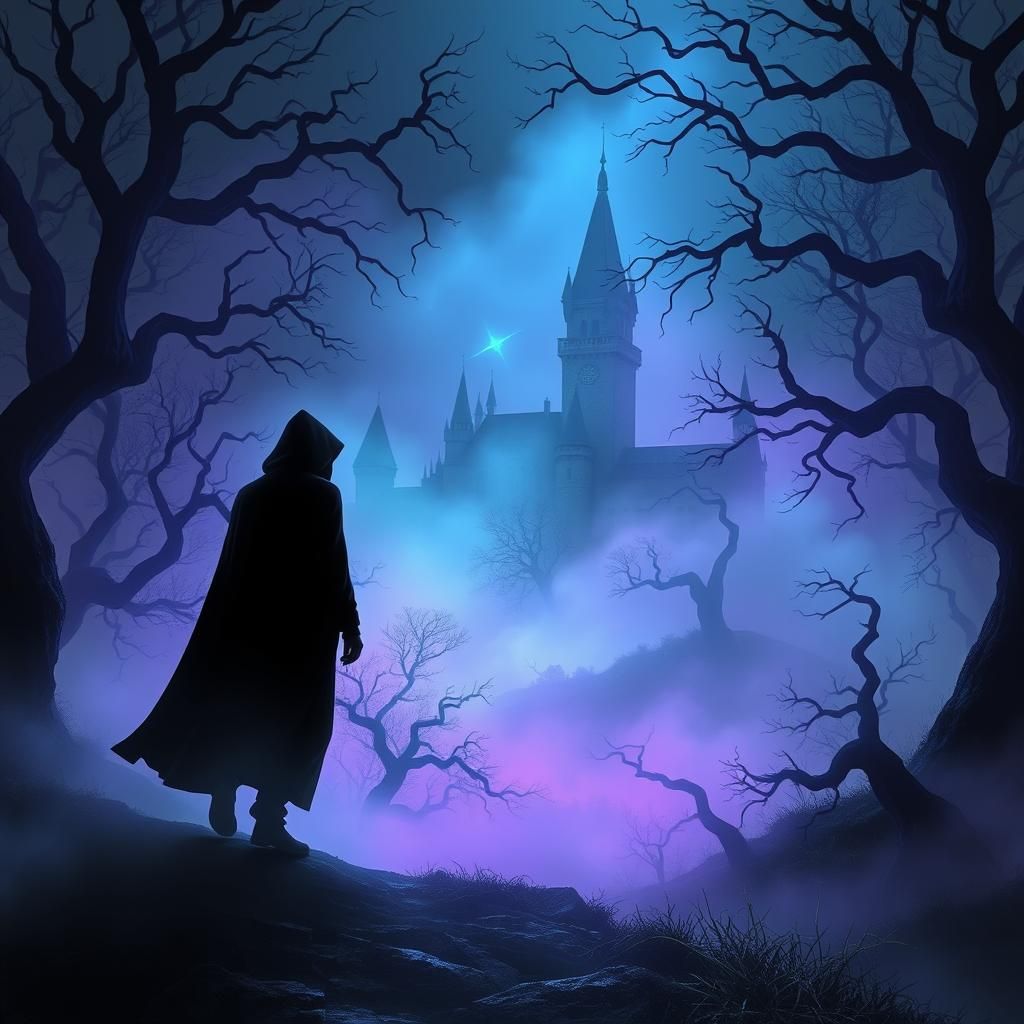 Silhouette of a Hooded Figure Walking into a Mystical Forest...