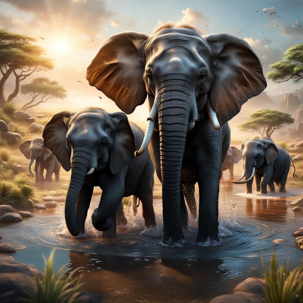 Baby Elephants Play: Detailed Fantasy Concept Art