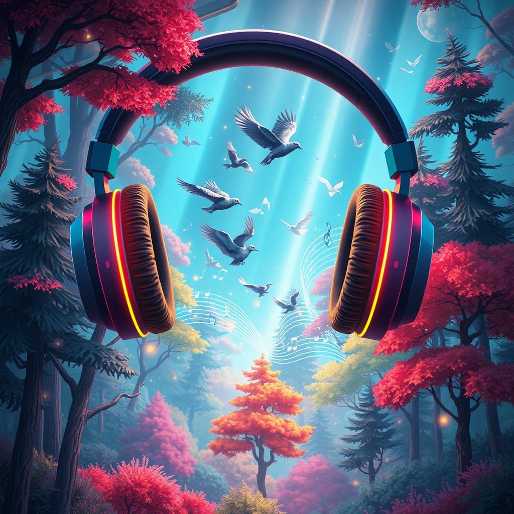 Headphones in a Vibrant Forest: A Neon Dreamscape