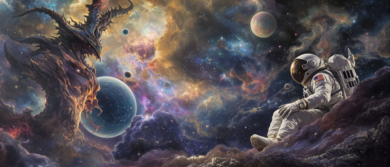Astronaut Adrift in Cosmic Ocean: Surreal Oil Painting