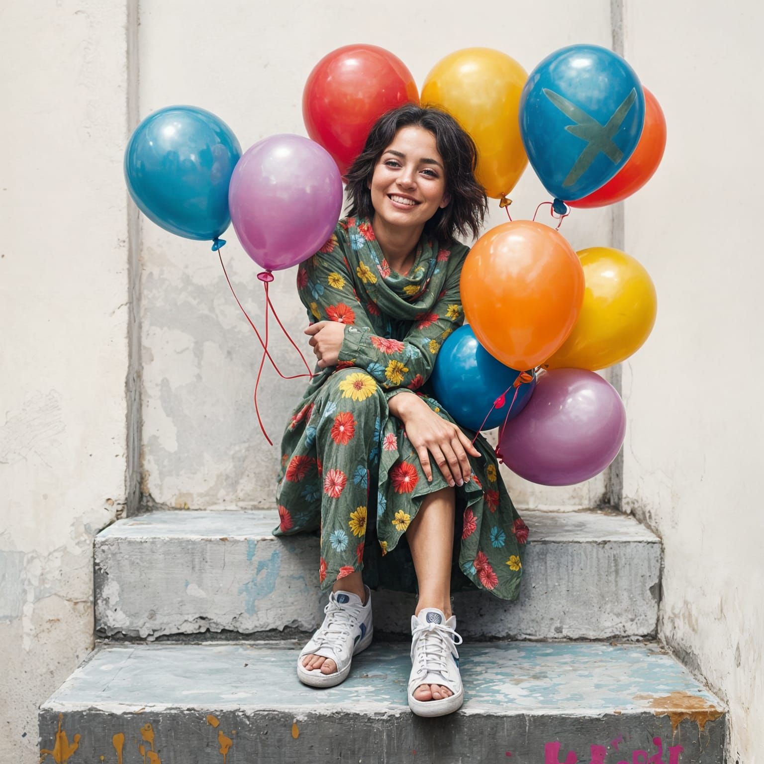 Colorful Balloon Paint Woman on Step