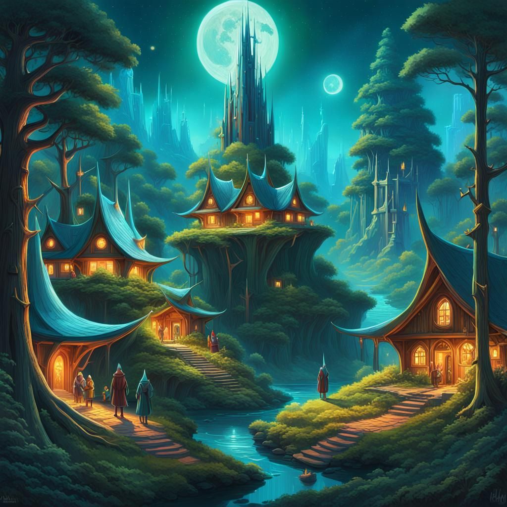 Mystical Elven Village with Wizard: Digital Fantasy Painting