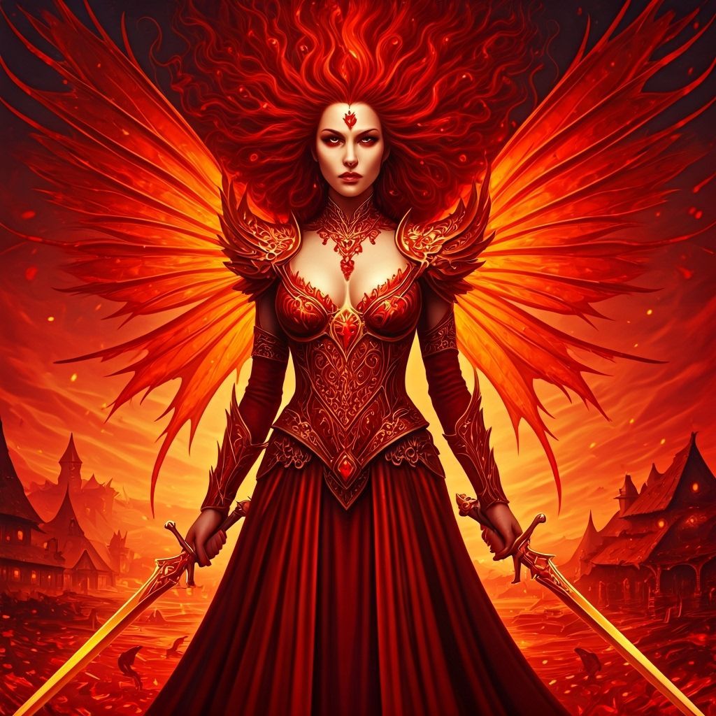 Fiery Ruby Woman with Sword in Red Forest