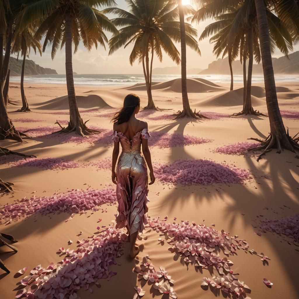 Orchid Woman in Dreamlike Desert Landscape
