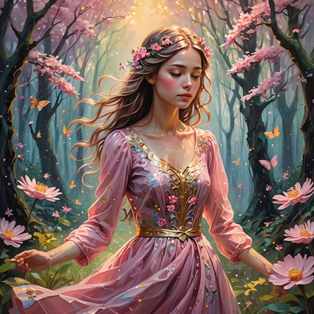 Whimsical Girl in Forest, Vibrant Oil Painting