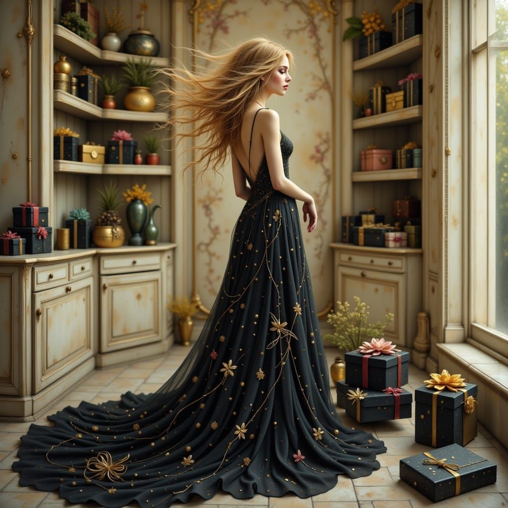 Porcelain Woman Entwined with Ribbons in Dreamy Backdrop