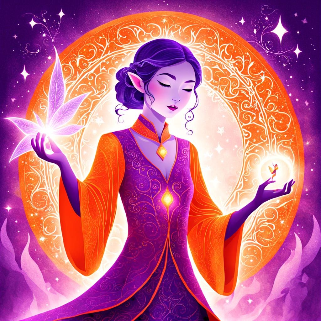 Mystical Elf Casting Spell in Vibrant Oil Painting Style