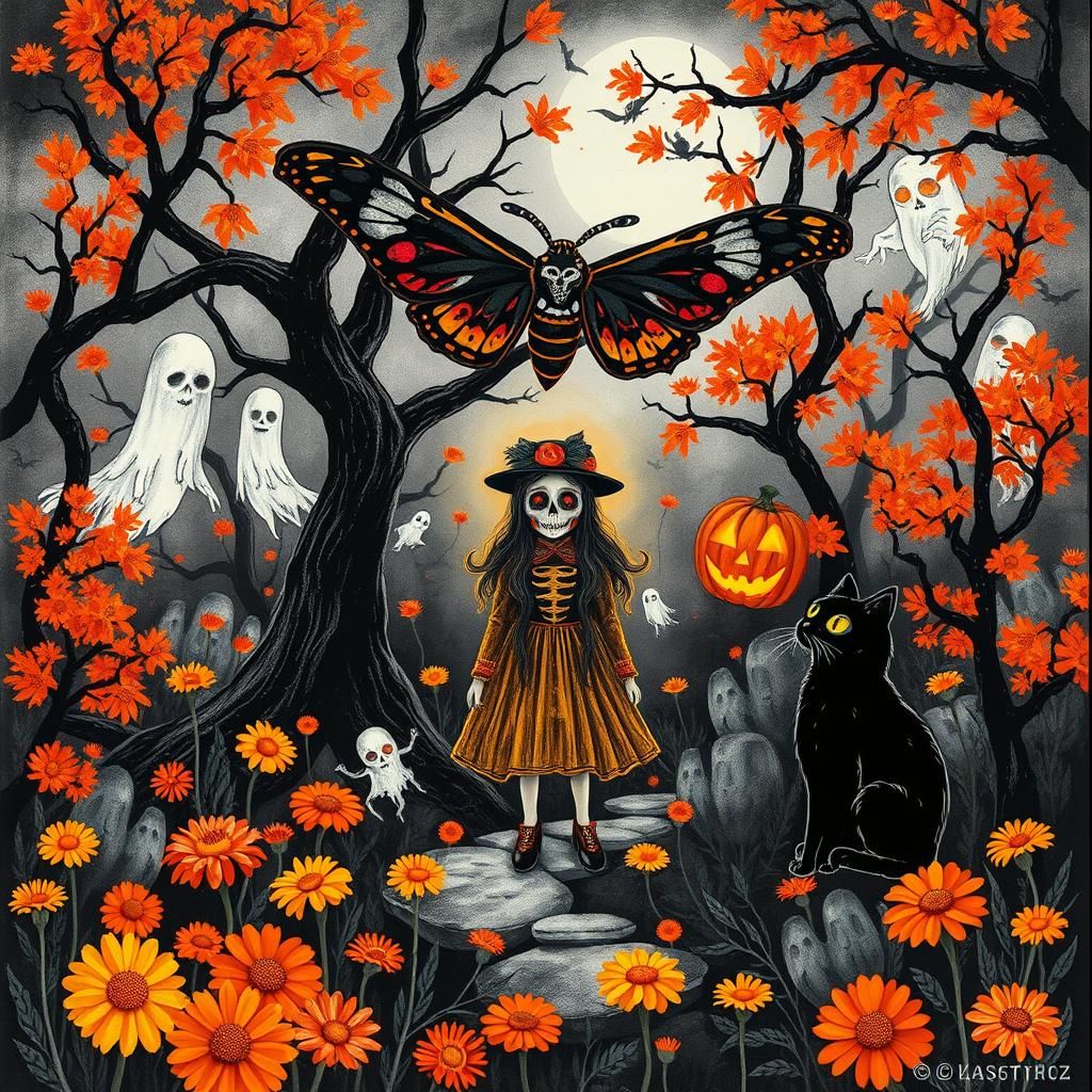 Dreamlike Halloween Landscape with Sugar Skull Moth