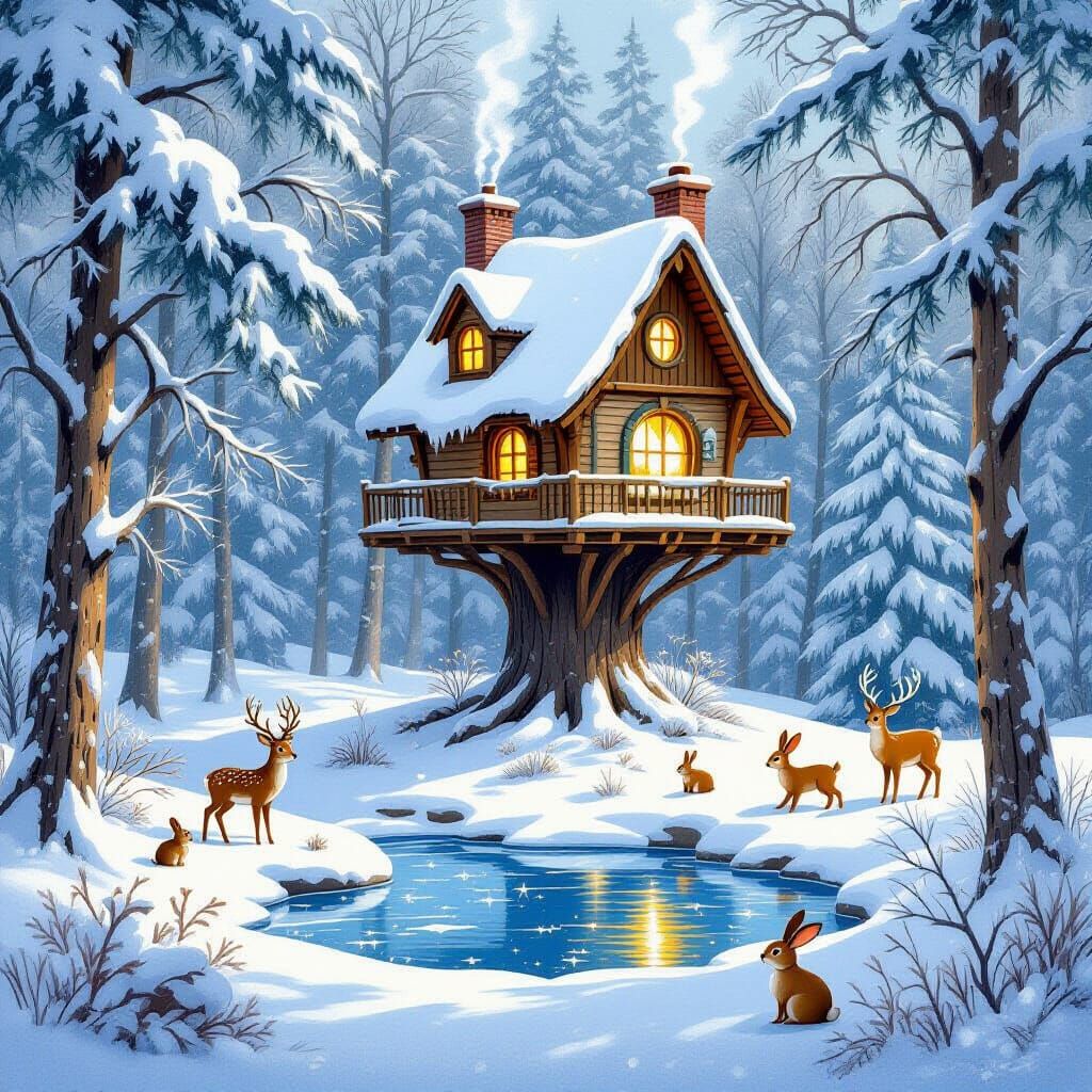Enchanting Snow Treehouse with Woodland Animals and Sparklin...