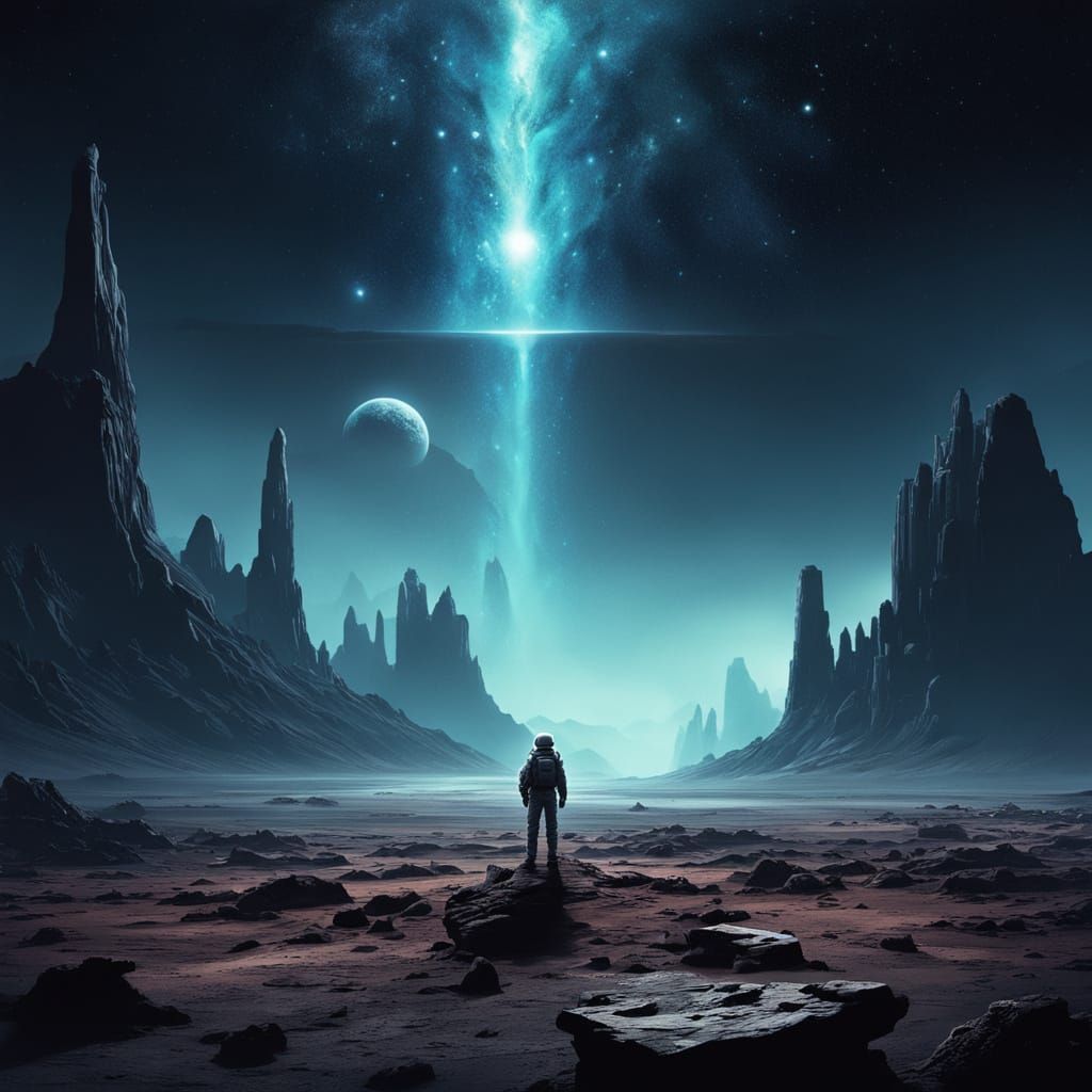 Astronaut on Alien Planet Gazing at Cosmic Sky