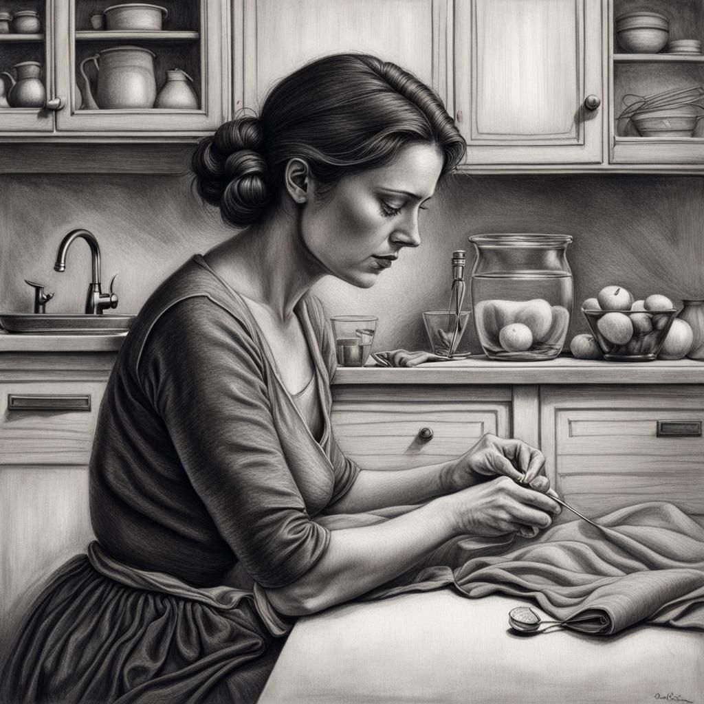 Sad Woman Sews Heart: Hyperdetailed Charcoal Drawing