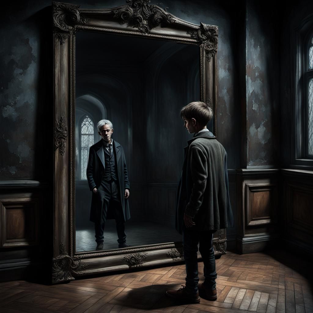 Boy and Old Man Reflected in Gothic Mirror