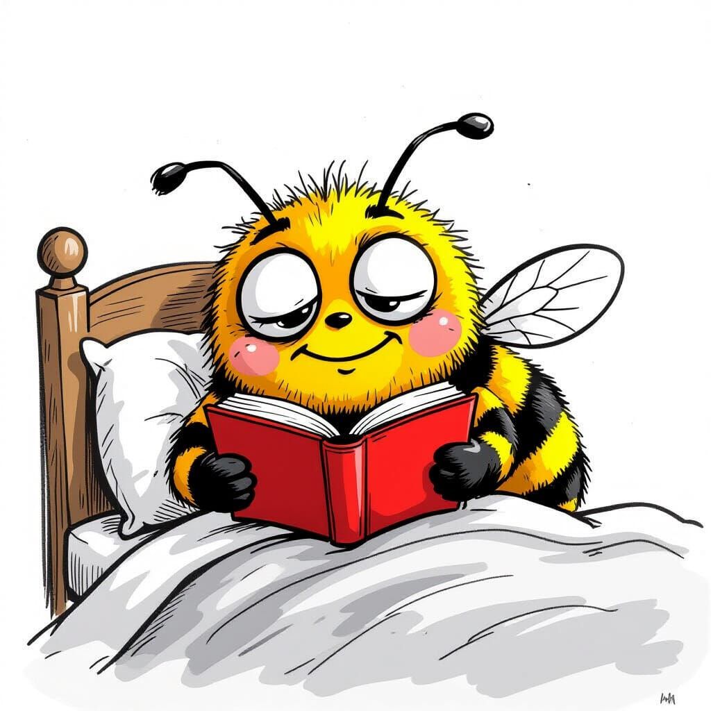 Funny Bumblebee Reading in Bed: Cartoon Sketch