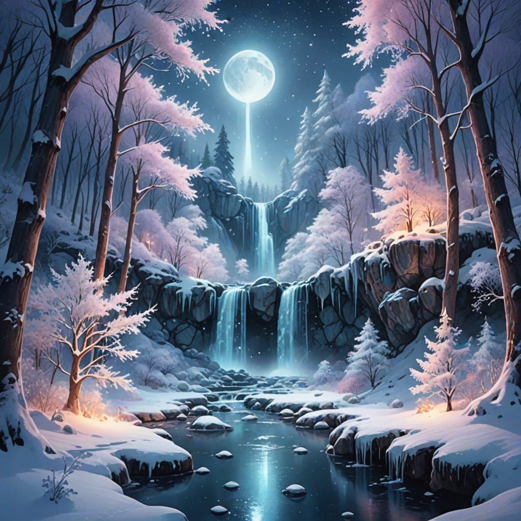 Enchanted Winter Forest with Frozen Waterfall in Watercolor