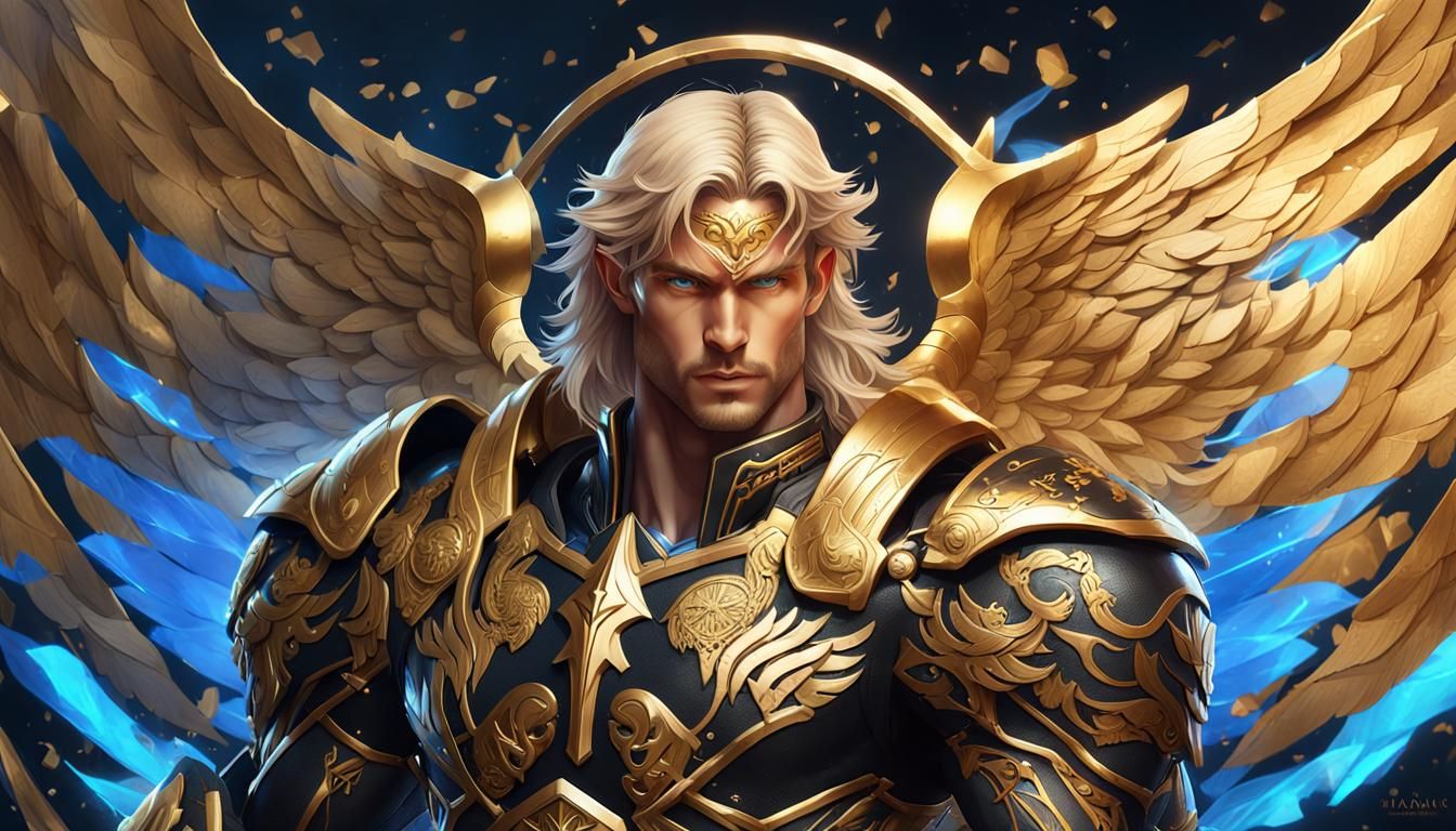 Zodiac Angel in Golden Armor, Hyperrealistic Illustration