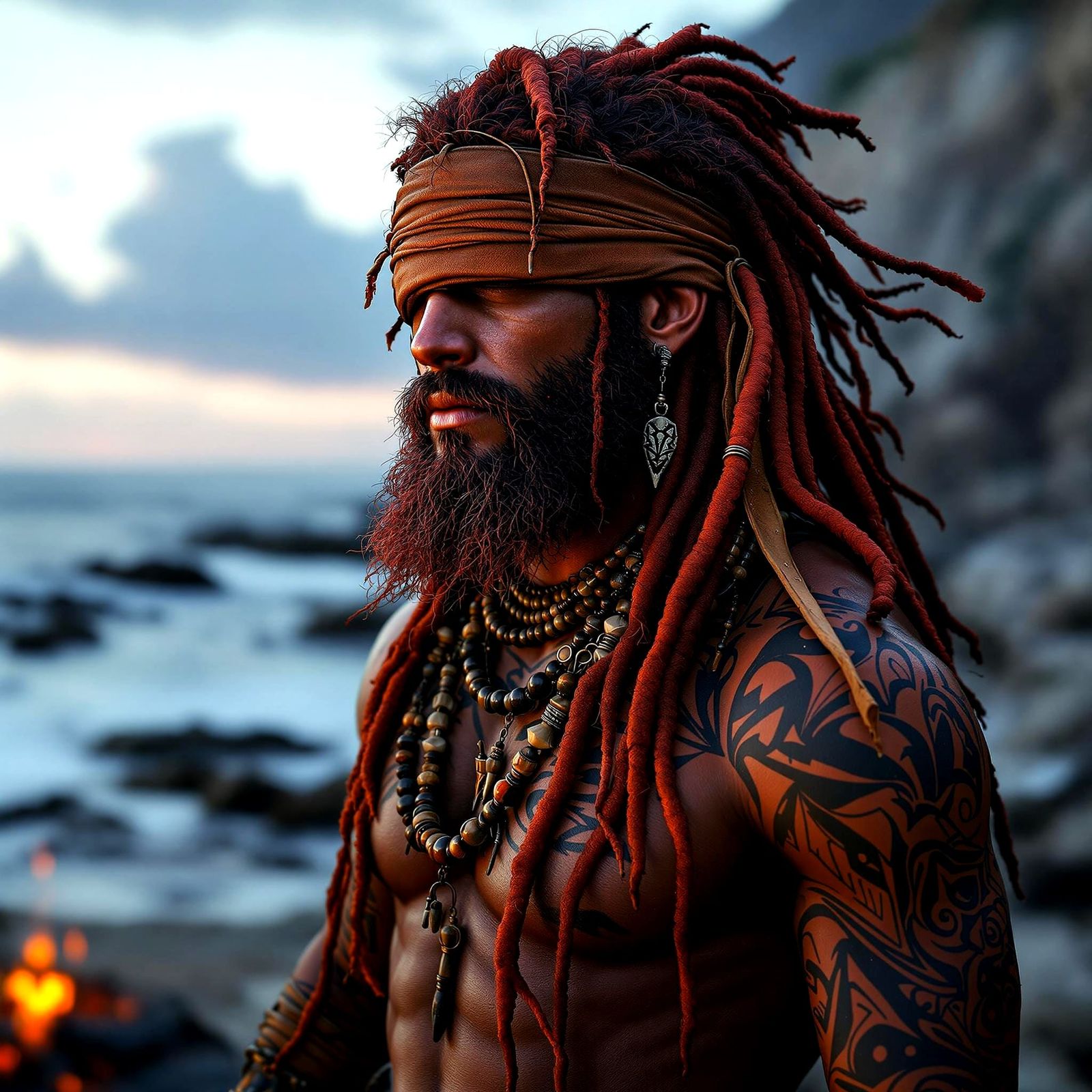 Hyperrealistic Beach Druid with Tribal Tattoos