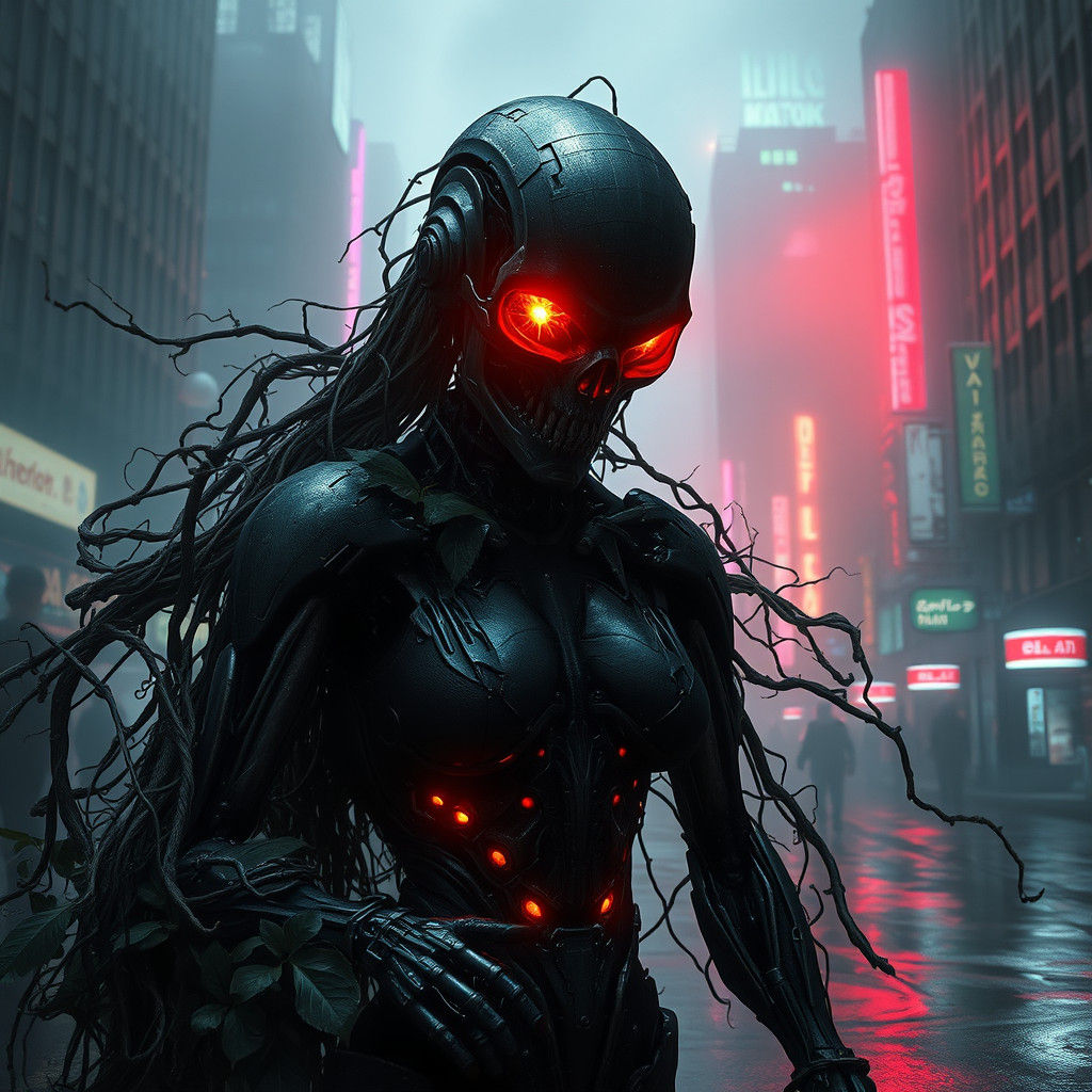 Menacing Cyborg Woman in Vines with Glowing Red Eyes