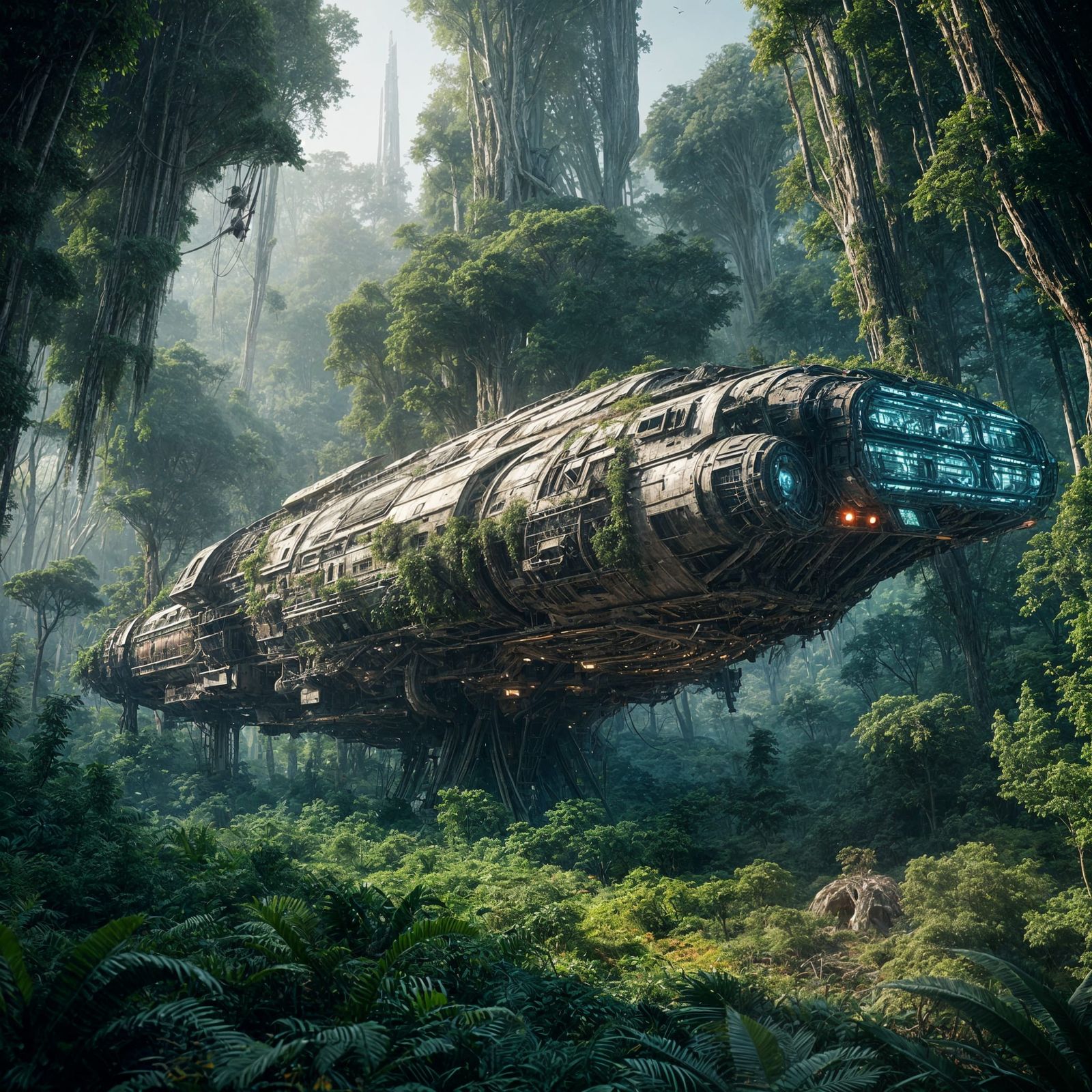 Crashed Spaceship in Dense Sci-Fi Forest