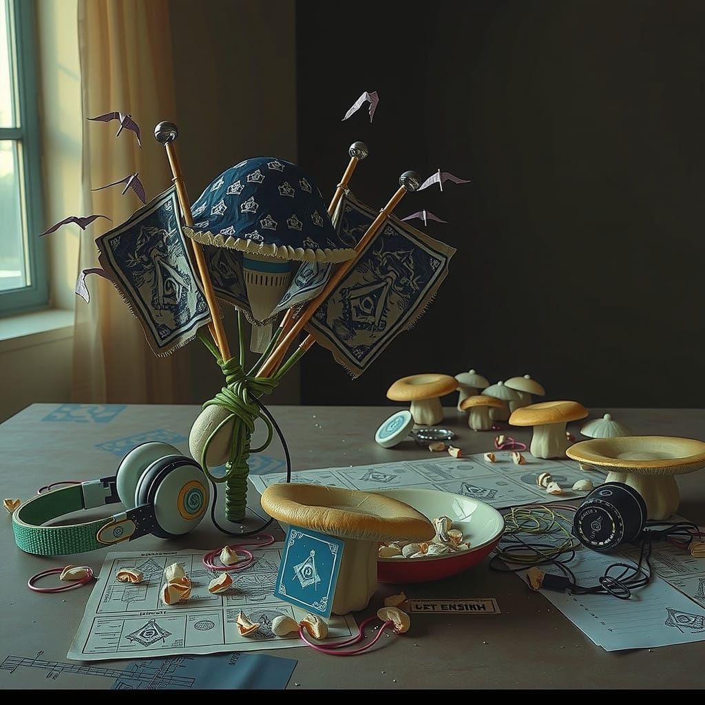 Surreal, Linocut-Inspired Mushroom Throne in Hyperreal Lands...