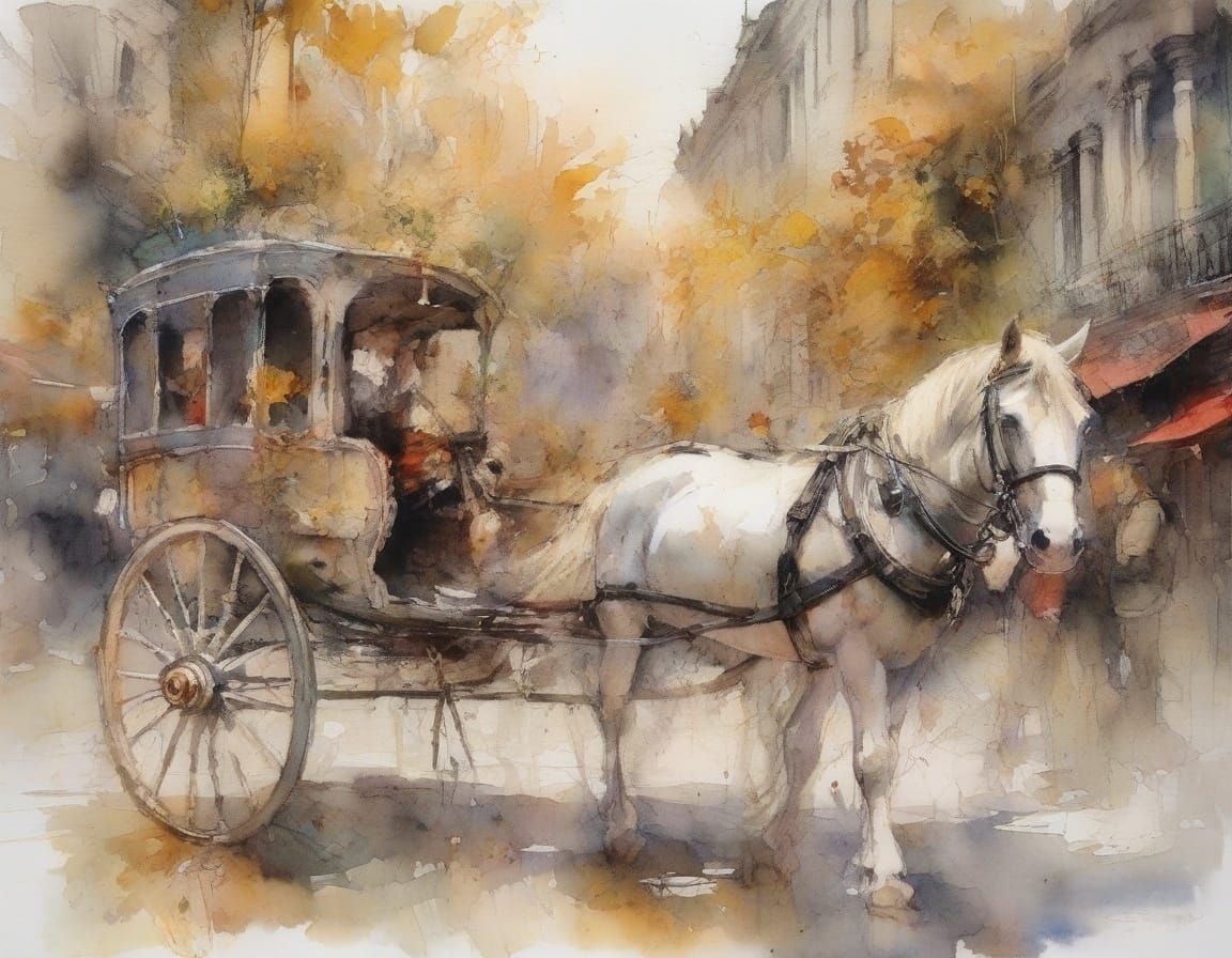 Horse-Drawn Carriage in London, Watercolour Painting