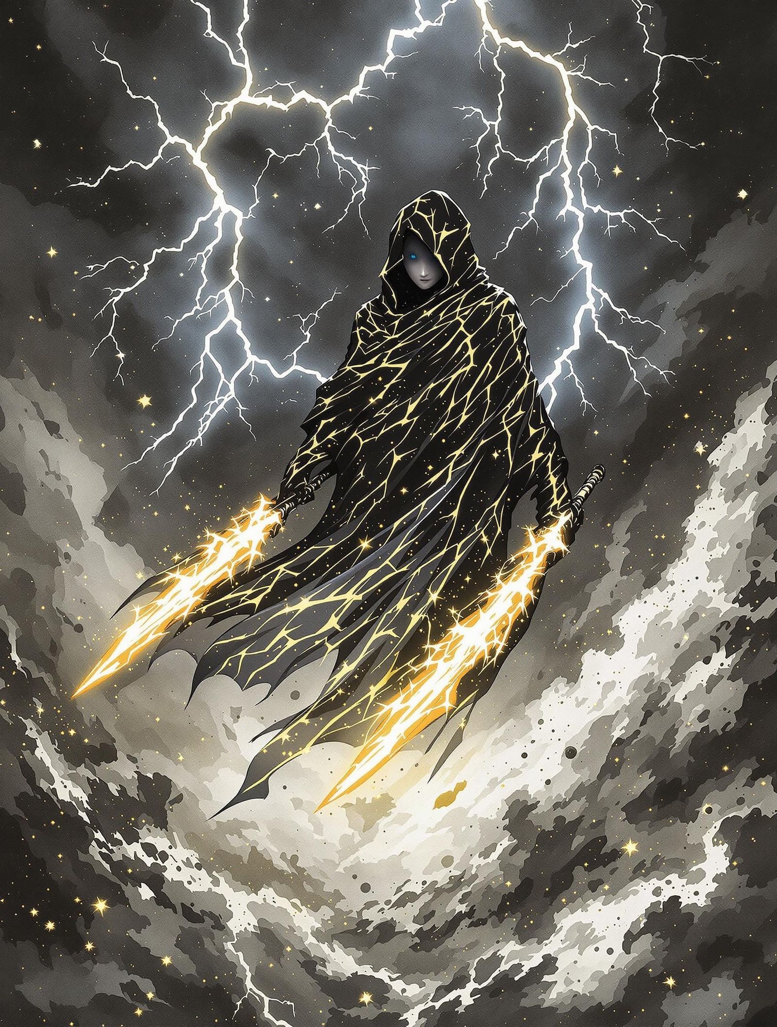 Mage in Storm's Eye: Ink and Gold Art