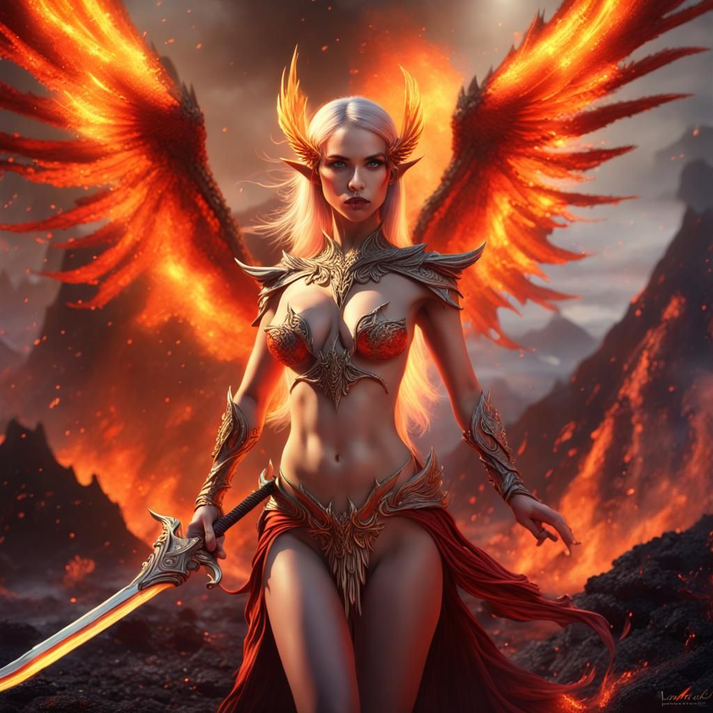 Fiery Phoenix Woman Emerges from Volcano: Fantasy Art