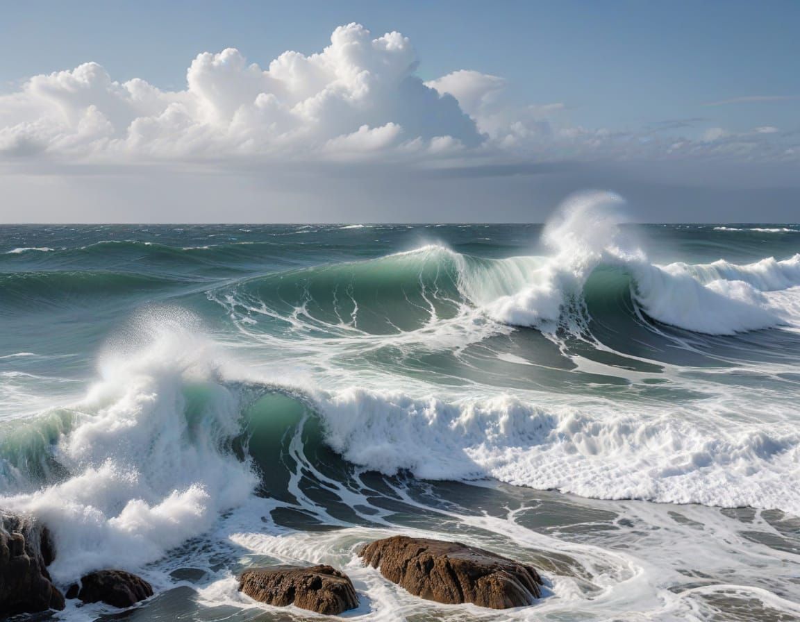 Raging Ocean Waves in a Stark White Abstract