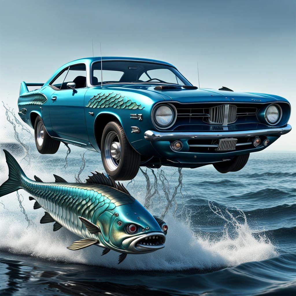 Barracuda Car Leaping from Ocean: Photorealistic Concept Art