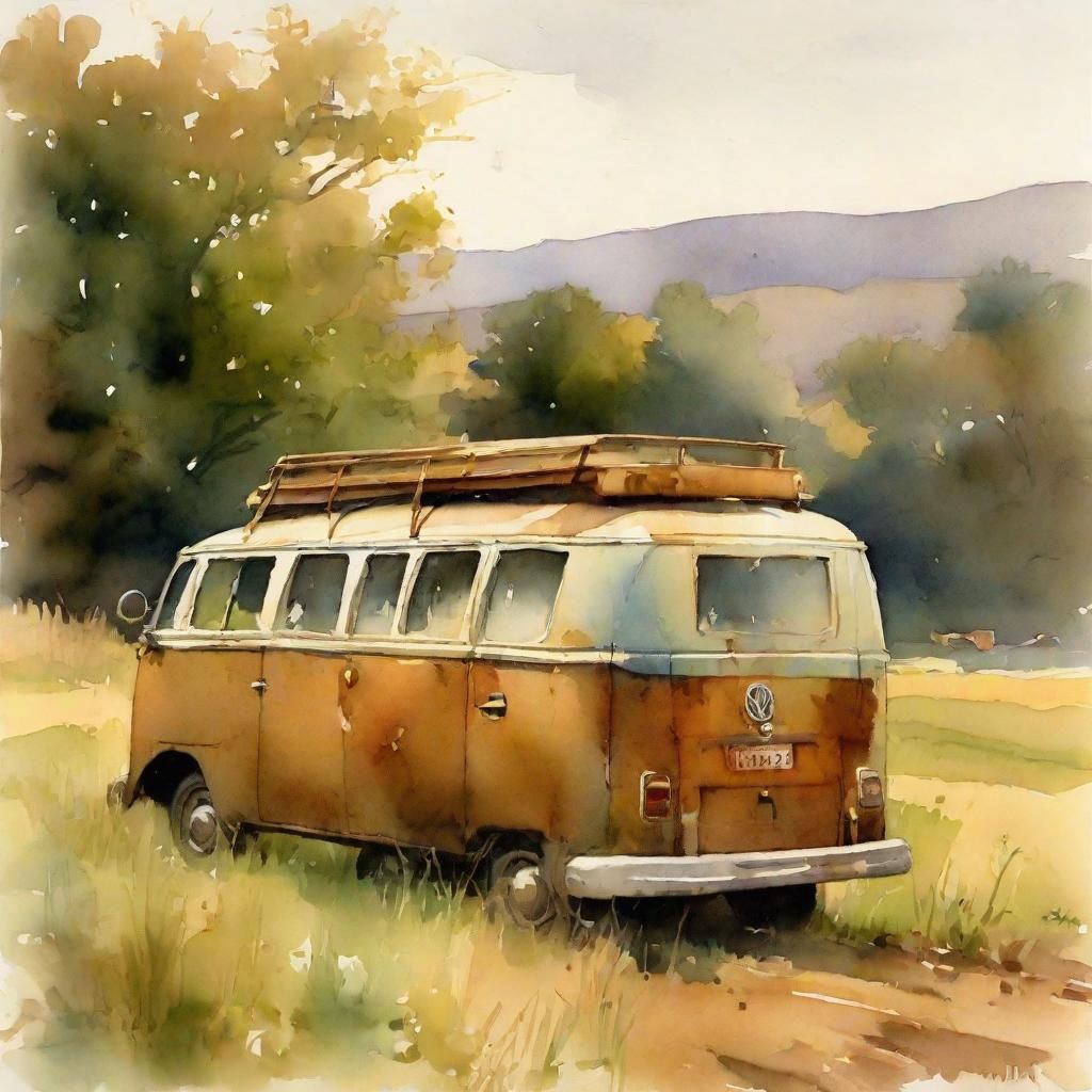 Watercolor Deer and Vintage Bus in Field