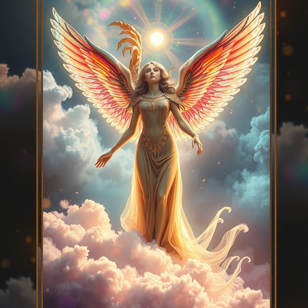 A unique holographic tarot card featuring a female celestial...