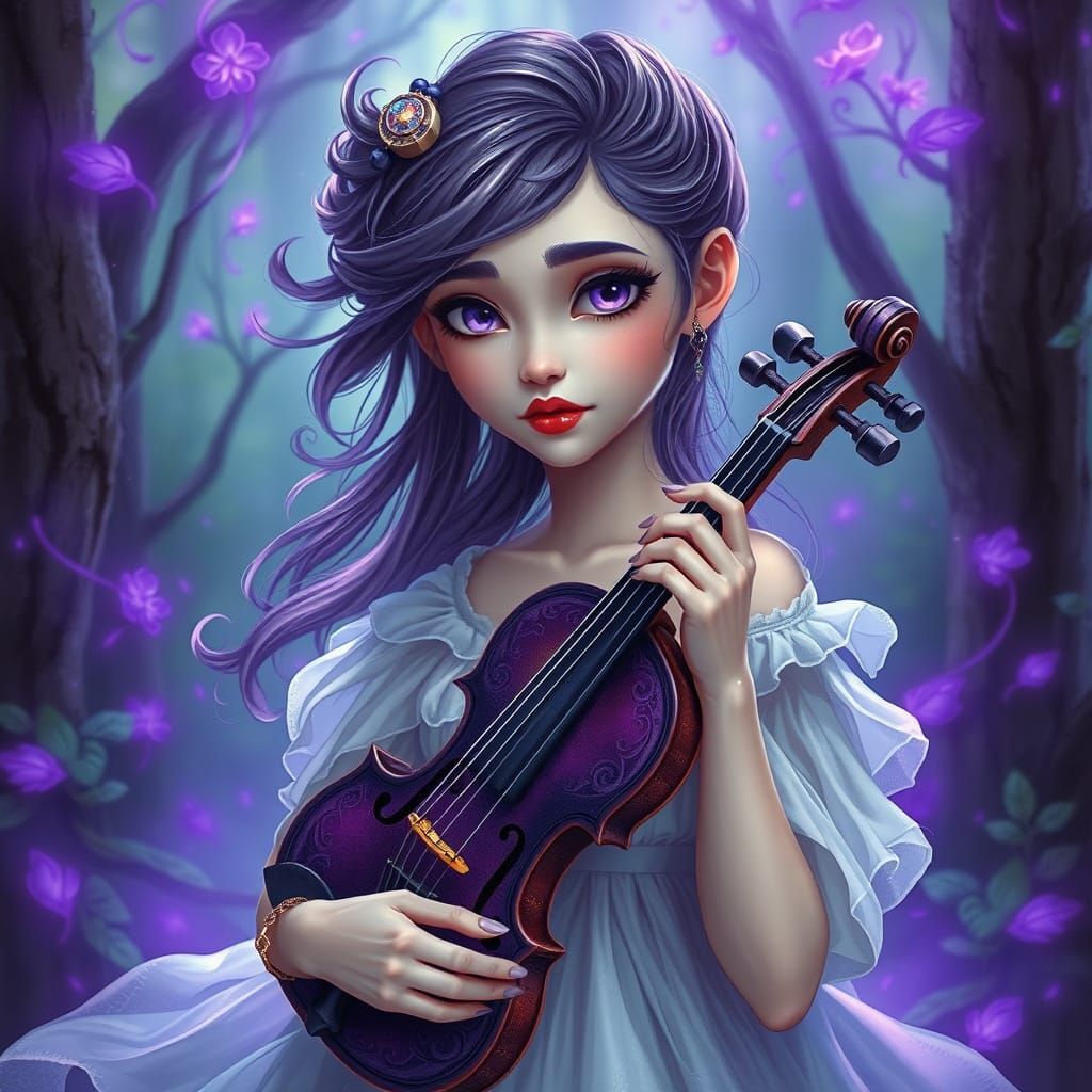 Girl with Purple Violin in Magical Forest