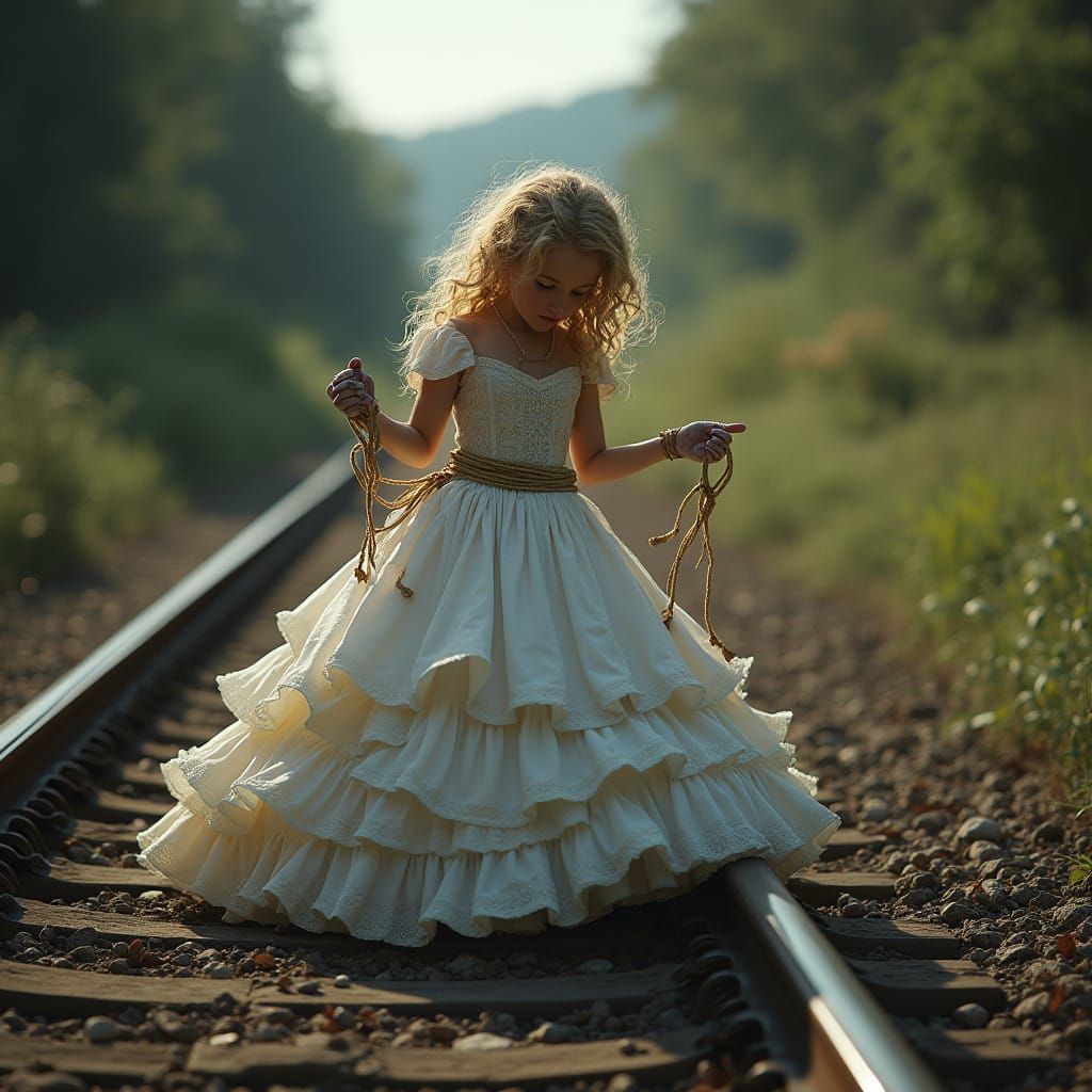 Victorian Bride Tied to Train Tracks in Matte Painting Style