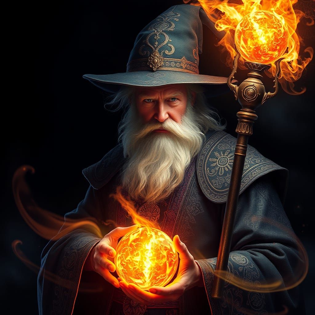 Mystical Wizard with Fireball in Splash Art Style
