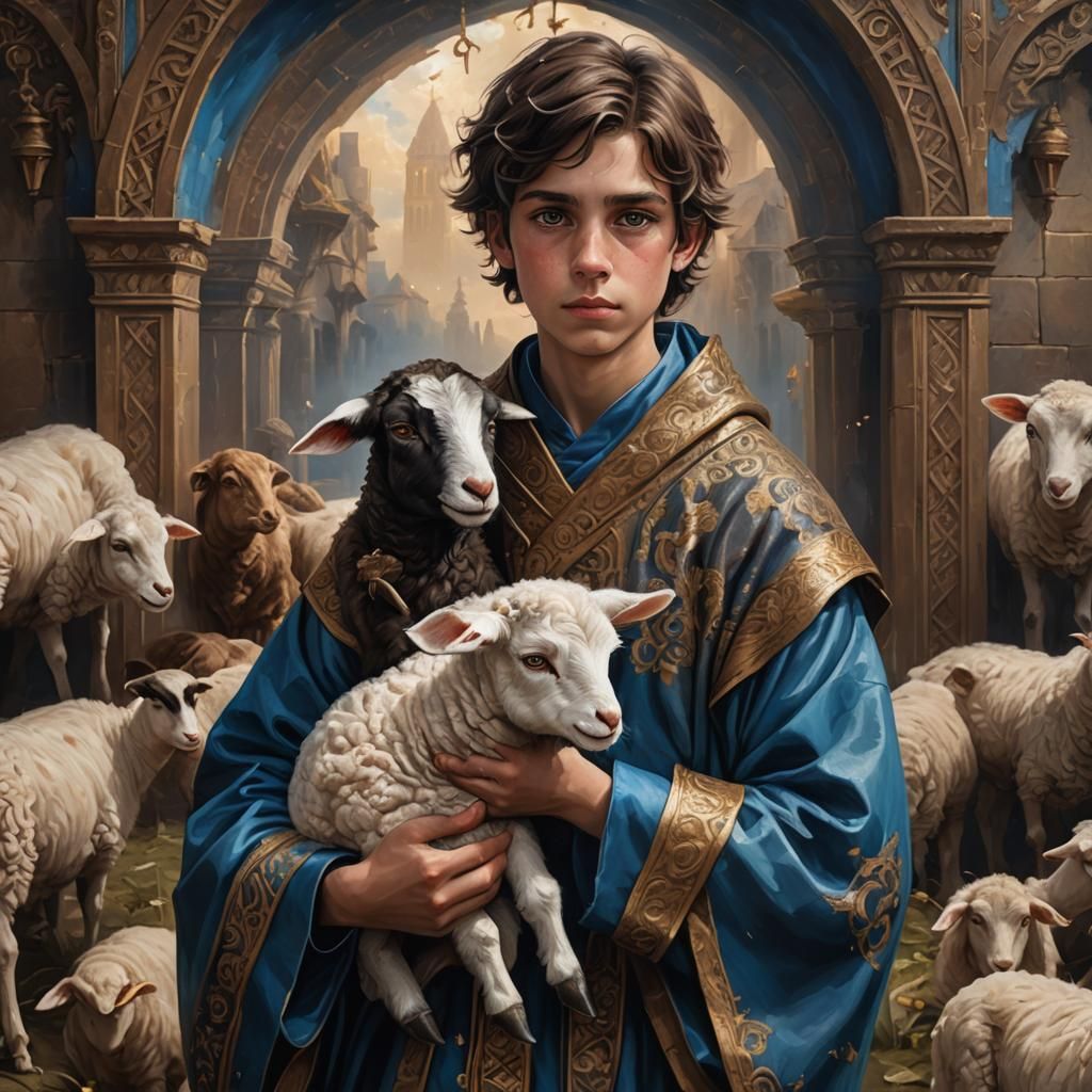 Boy with Lamb: Detailed Oil Painting in 8K
