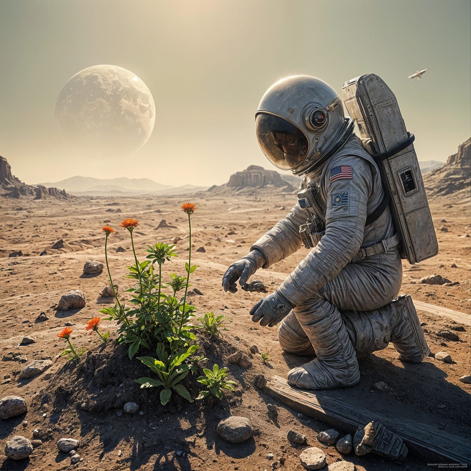 Astronaut Plants Garden on Desolate Planet in Hyperrealism