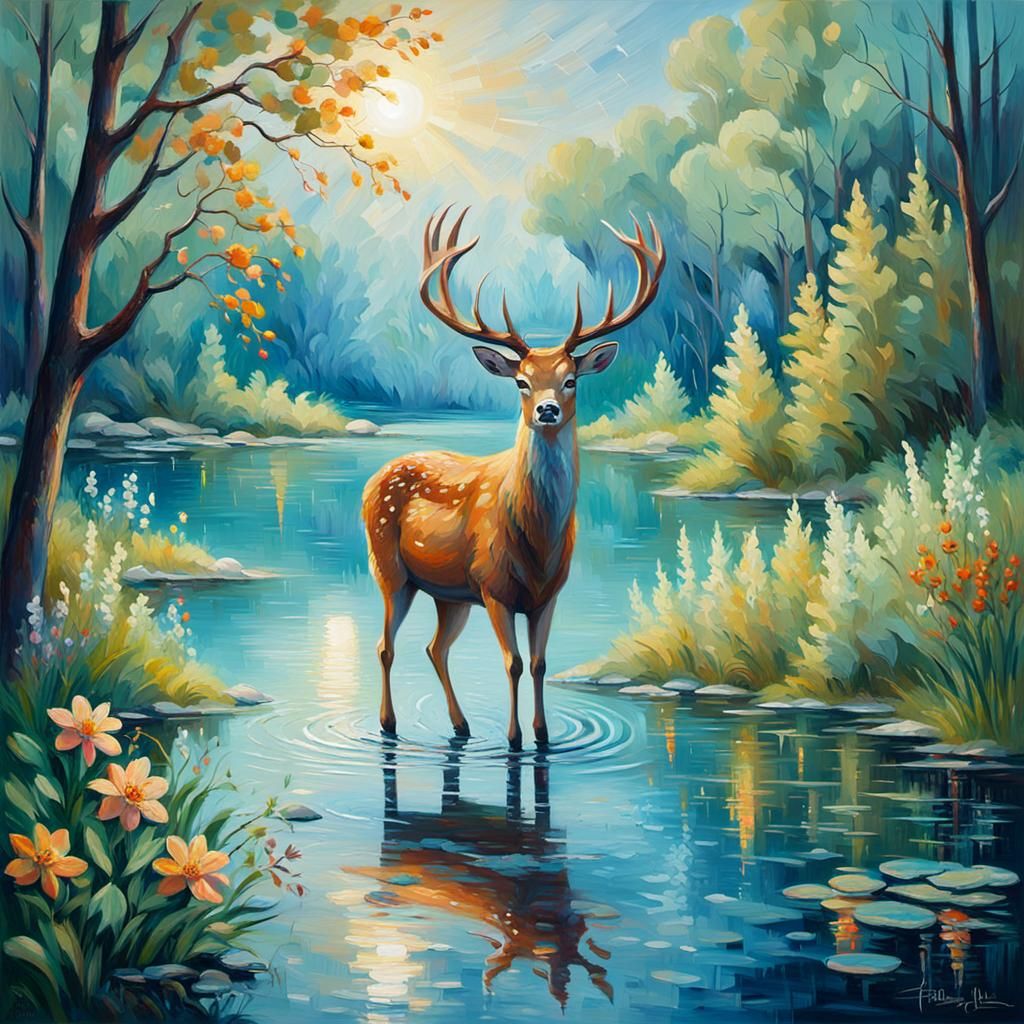 Deer Adorned with Flowers by Lake, Expressionist Oil Paintin...