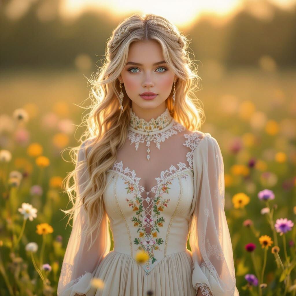 Blonde Princess in Wildflower Meadow at Golden Hour