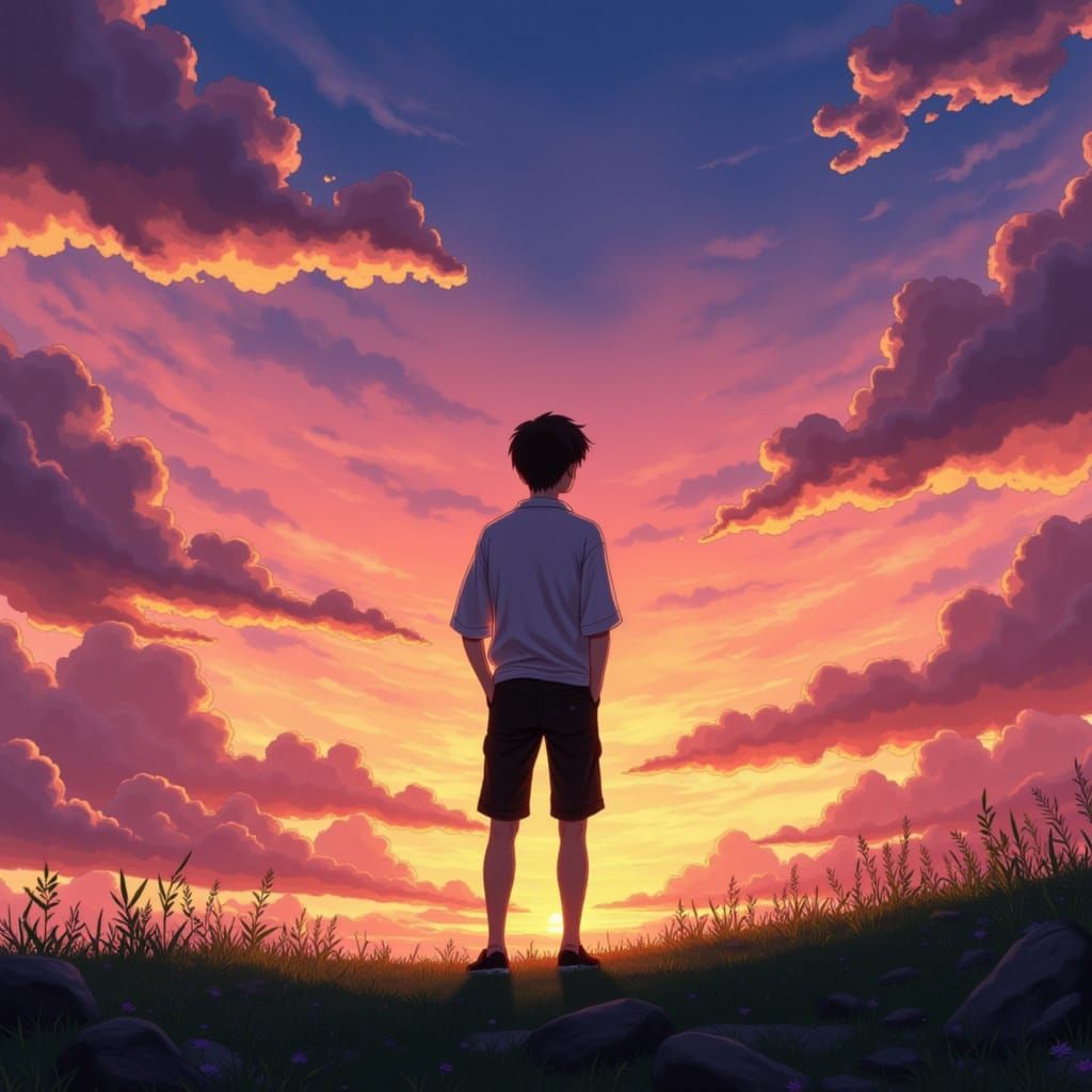 Anime Sunset Silhouette Inspired by Ghibli Style