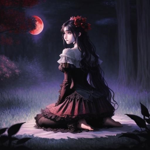 Dark Fairytale Woman Under Red Moon