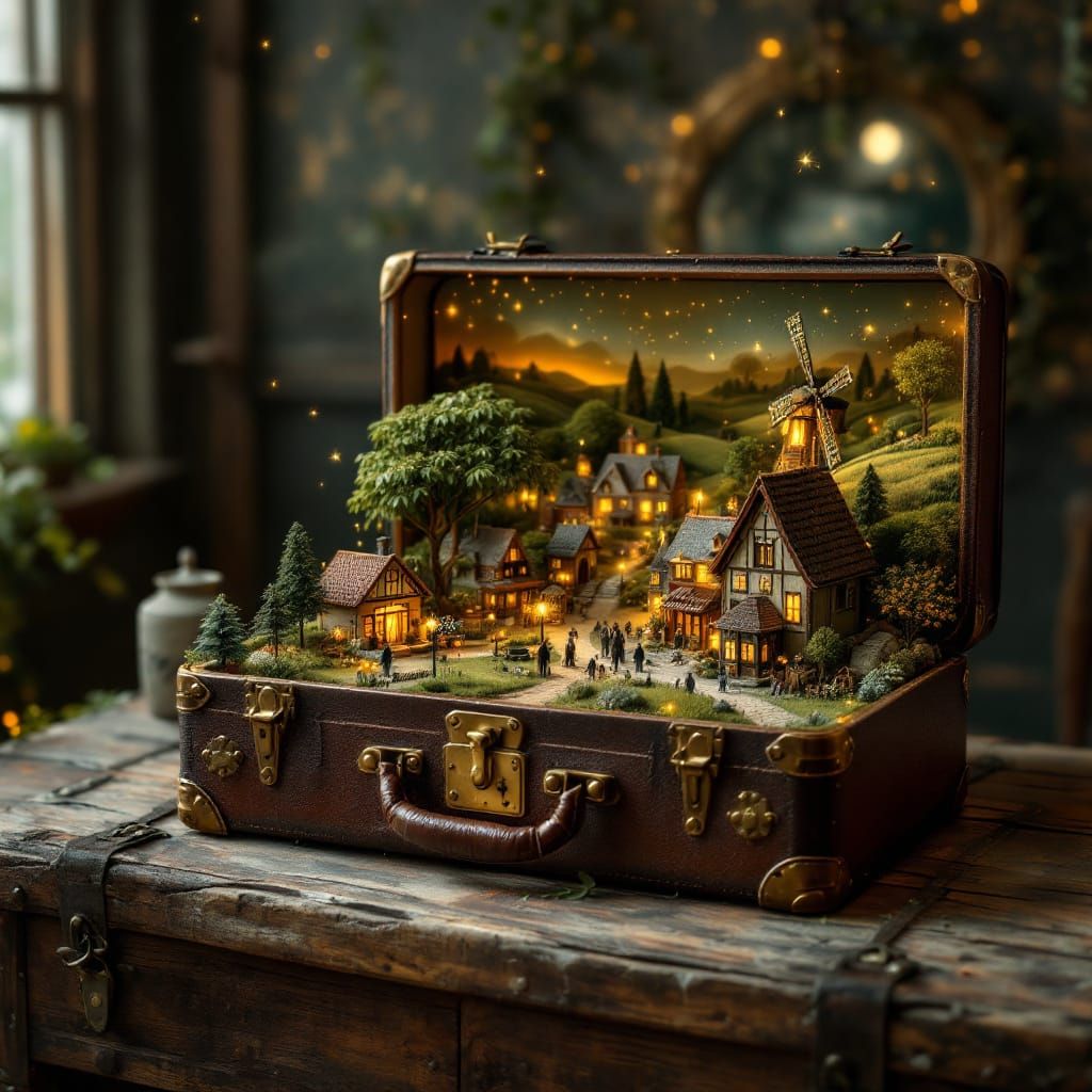 Miniature Village World Inside Vintage Suitcase