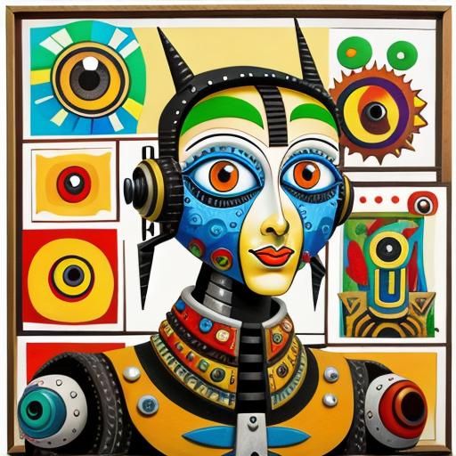 Colorful Scrap Robot Portrait in Mixed Media Collage