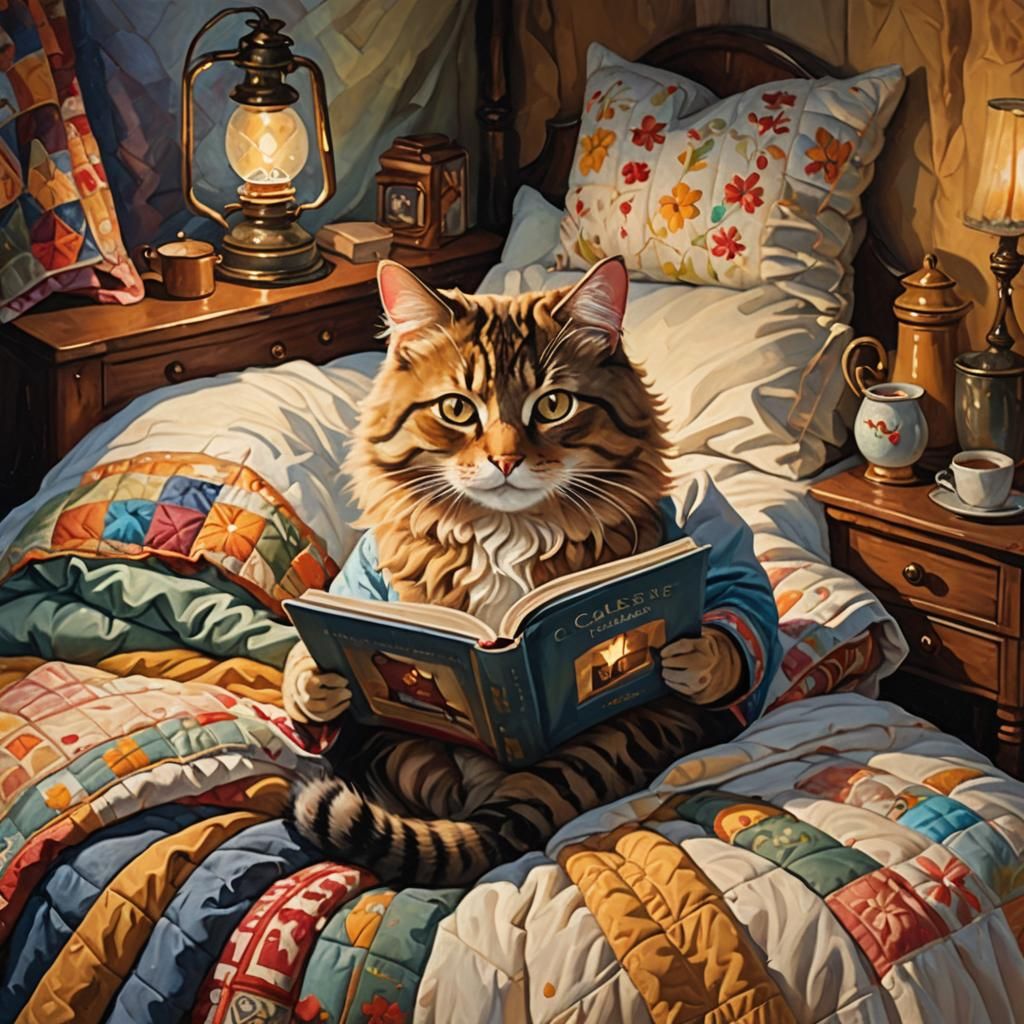 Cozy Cat Snuggled Under Quilts: Whimsical Oil Painting