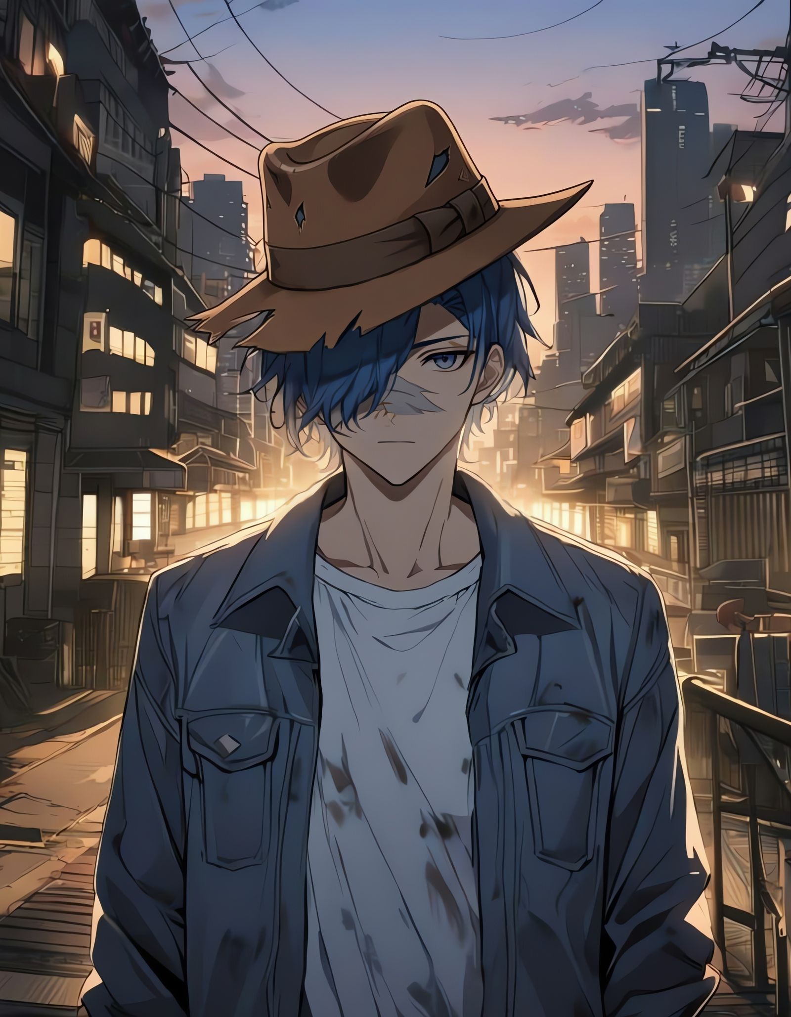 Bishounen Cowboy with Scarred Face at Twilight