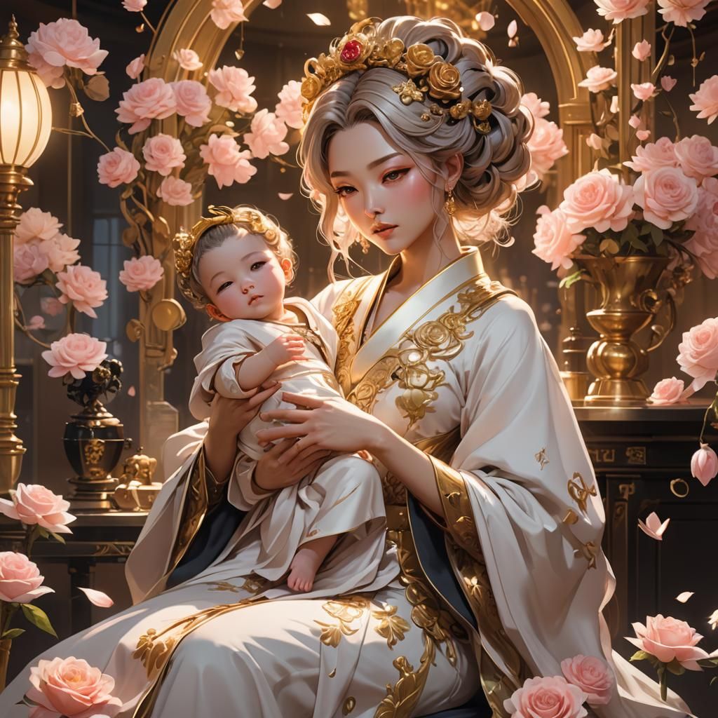 Anime Empress with Baby in Hair Salon: Surreal Concept Art