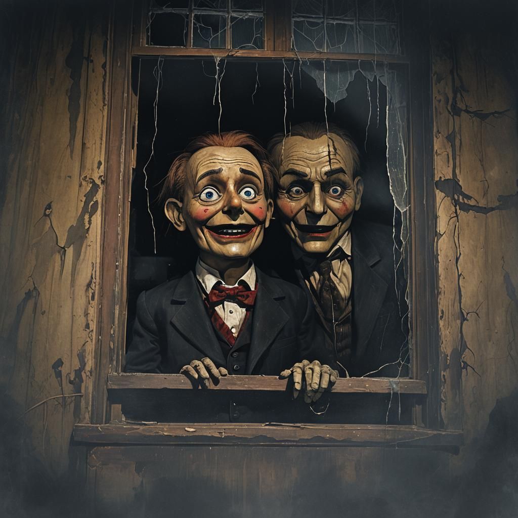 Ominous Ventriloquist Dummy at Grimy Window