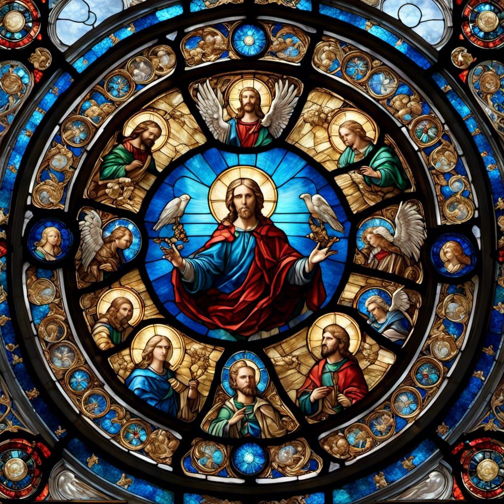 Retrofuturistic Stained Glass Holy Trinity in Renaissance St...