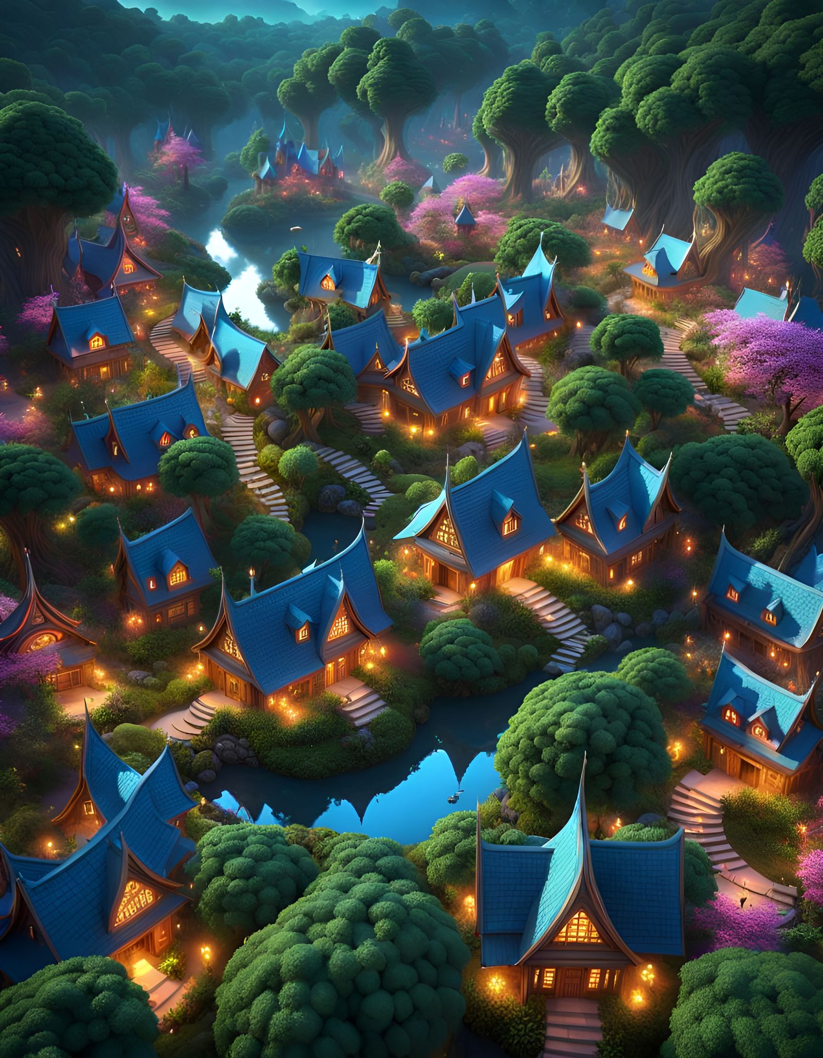 Enchanted Elven Village in Psychedelic Forest