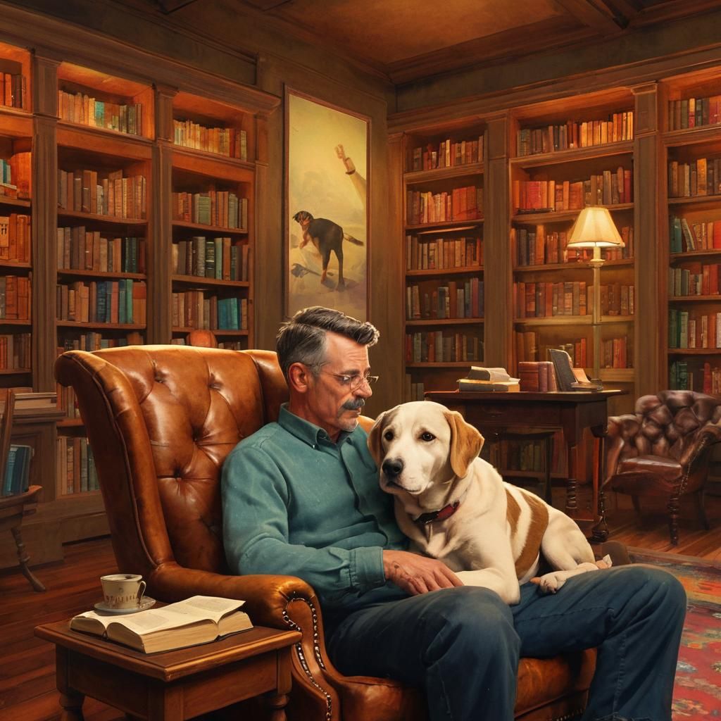Dog Paws on Man's Head in Cozy Library