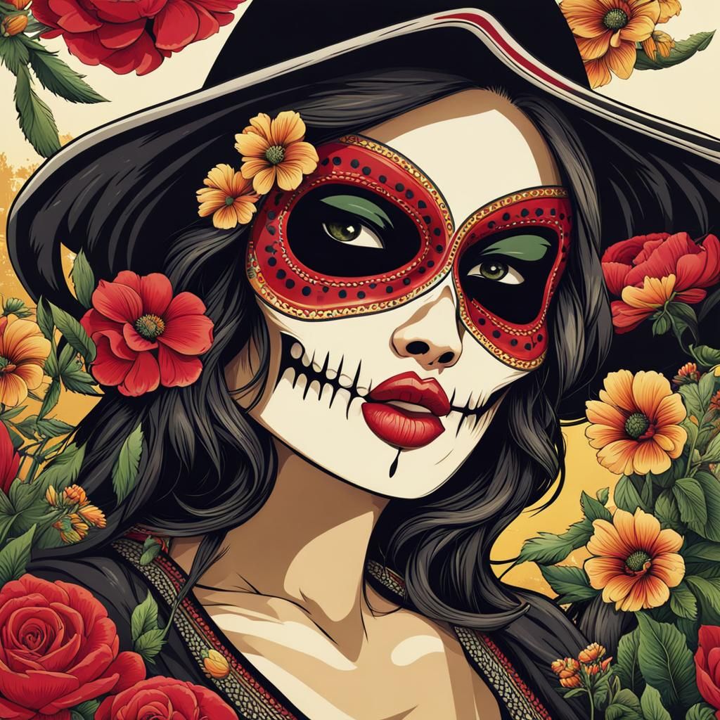 Mexican Skull Weeping in Cemetery with Flowers