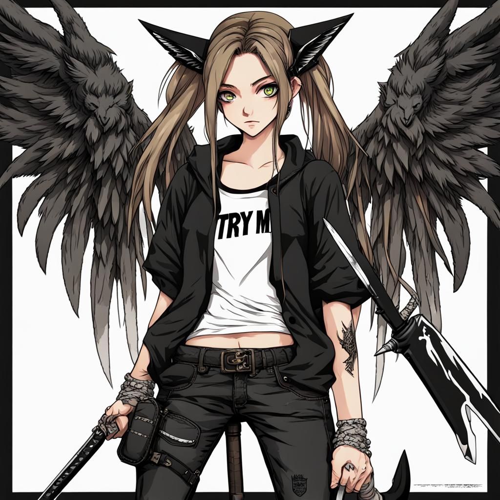 Anime Girl with Sword, Wings and Wolf Ears